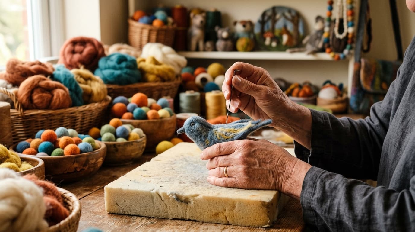 Artisan crafting felted wool items